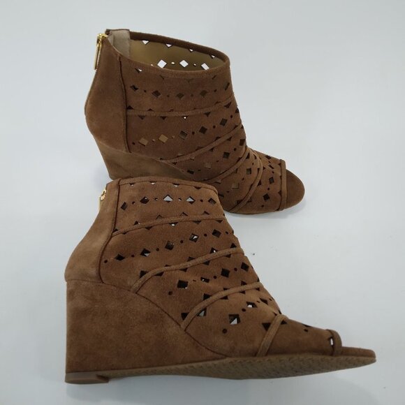 Michael Michael Kors Uma Brown Suede Wedge Peep Toe Ankle Boots Size 10M - Picture 11 of 13